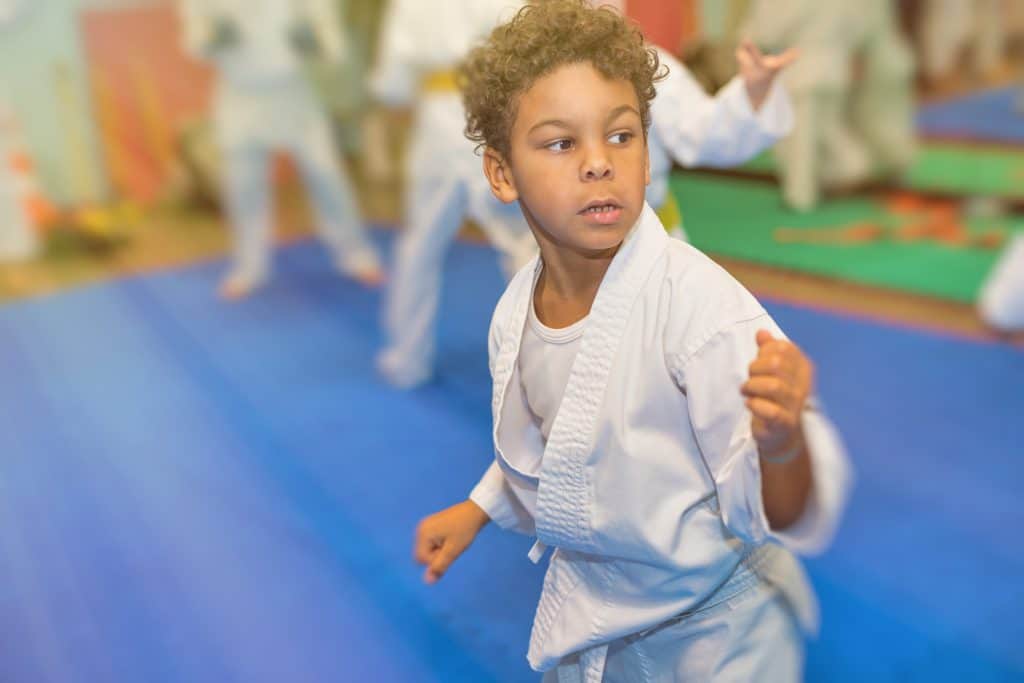Young child practicing martial arts in a dojo with other students in the background.