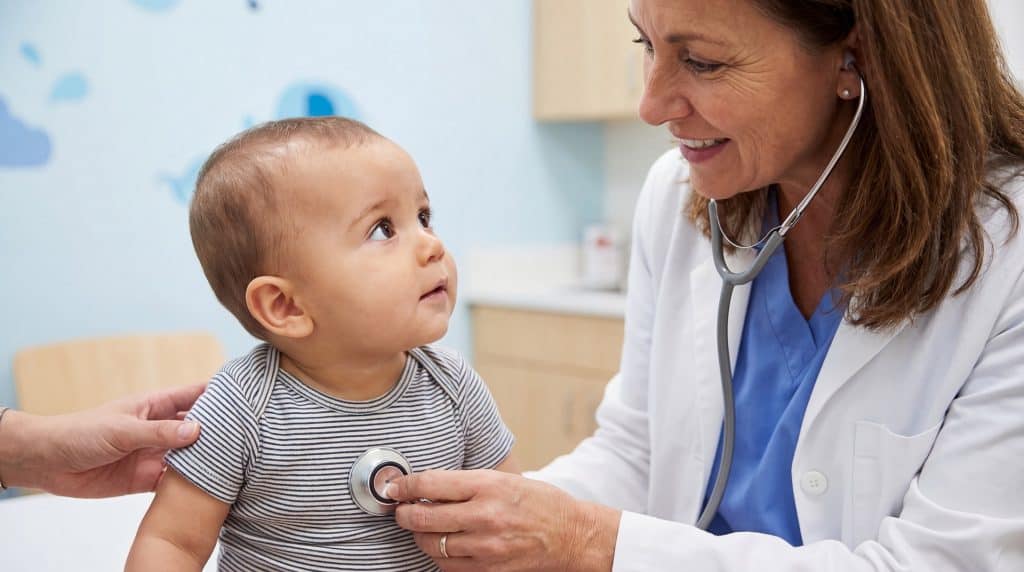 Pediatrician examining a young child's chest with a stethoscope.